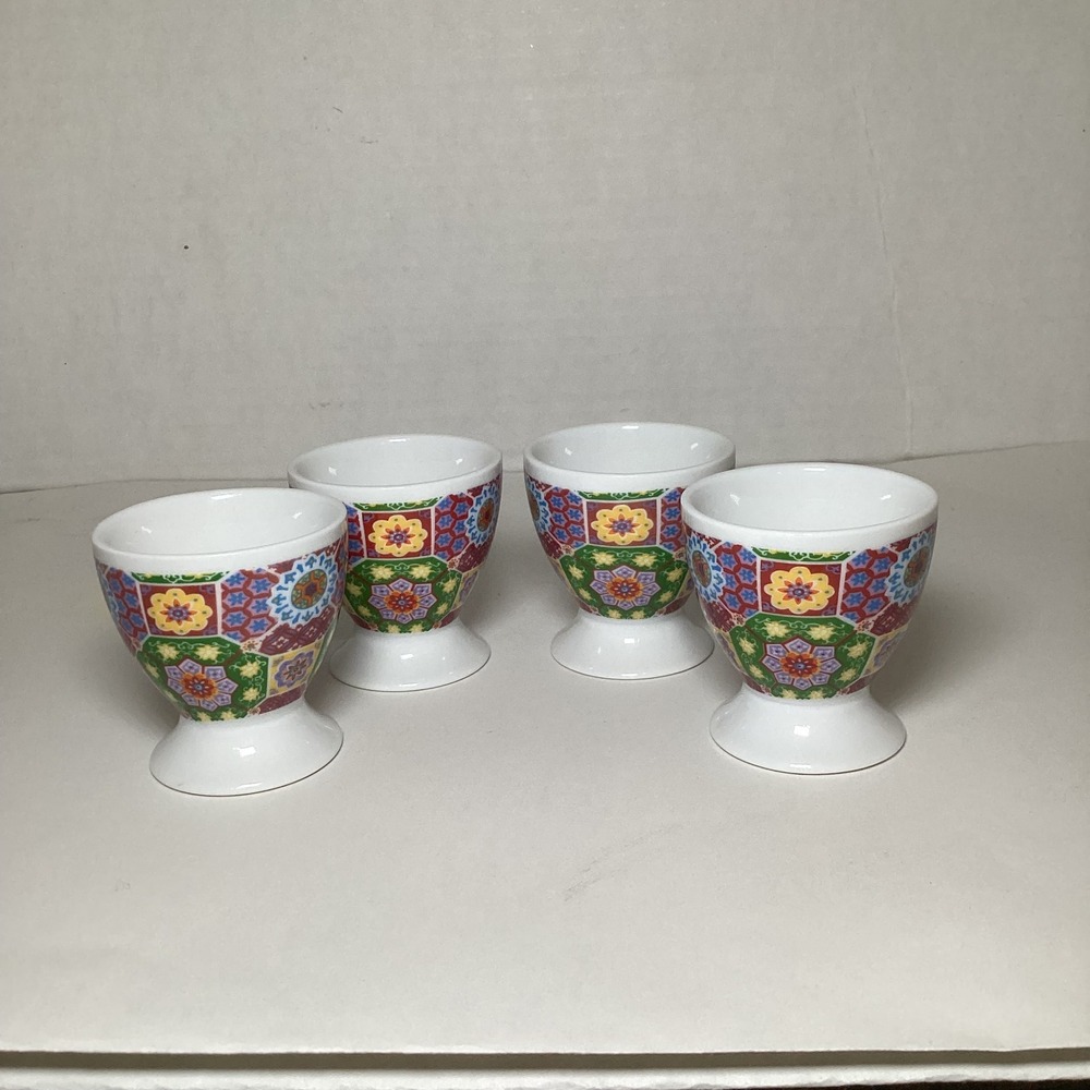 Set of 4 Colorful Mandala Geometric Ceramic Egg Cups Mosaic Floral Pattern 2in